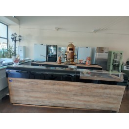 BANCO BAR START UP L 3000 WOOD CON RETROBANCO L 3000 BANCALINA IN VETRO CURVATO E TEMPERATO E PEDANA ANTISCIVOLO
