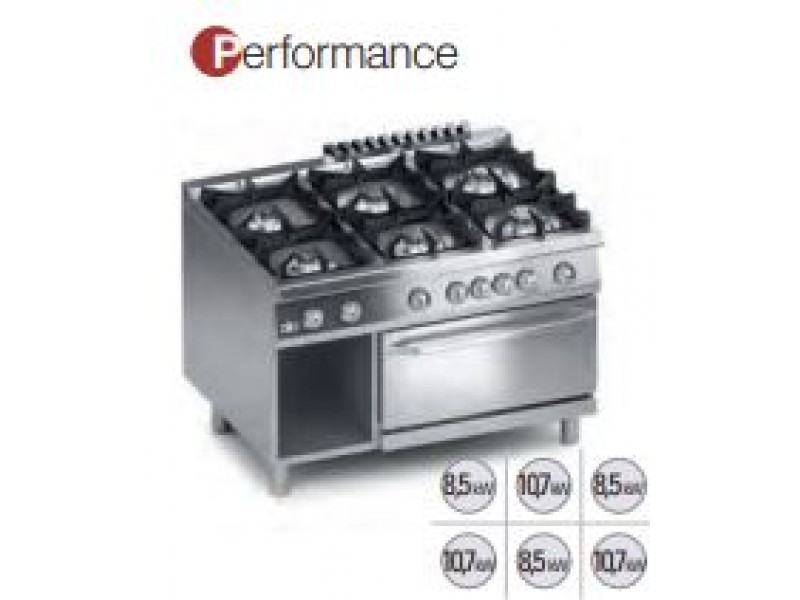 CUCINA 6 FUOCHI A GAS C/FORNO ELETTRICO GN2/1 E VANO APERTO SERIE 90 PERFORMANCE K4MCU15FFP