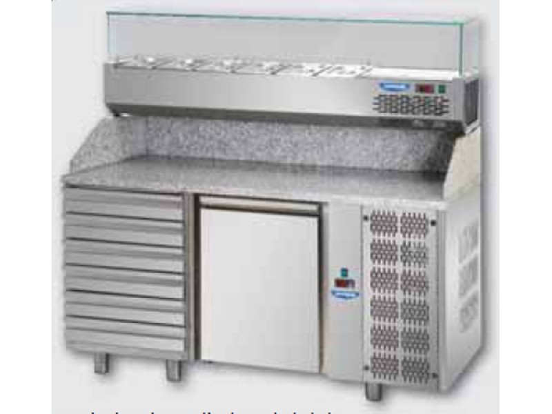 BANCO PIZZA 1 PORTA GN 1/1 + CASSETTIERA + VETRINA REFRIGERATA mod. PZ02EKOC6