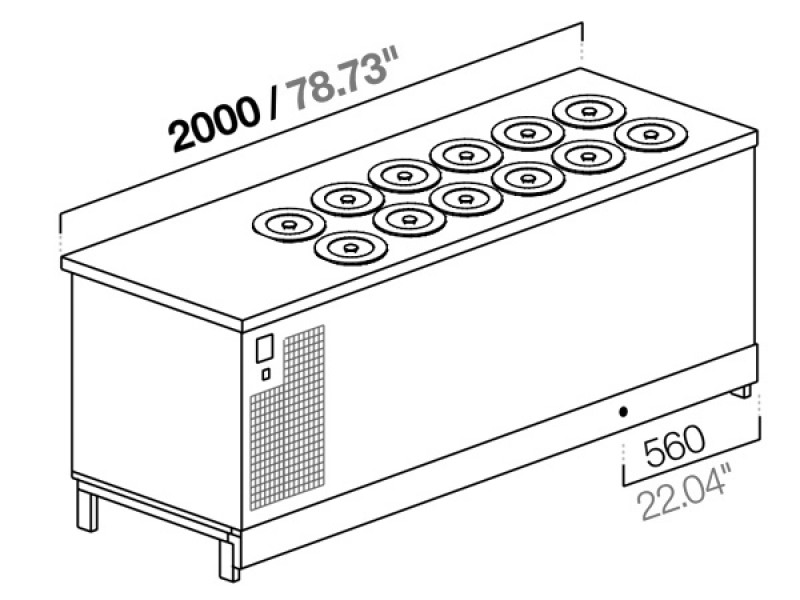 BANCO POZZETTO GELATO A GLICOLE DA 200 CM CON 12 CARAPINE (SENZA PANNELLATURA)
