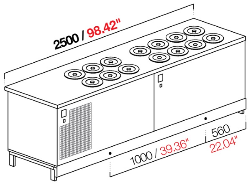 BANCO POZZETTO GELATO A GLICOLE DA 250 CM CON 8+6 CARAPINE CON RISERVA (SENZA PANNELLATURA) UC
