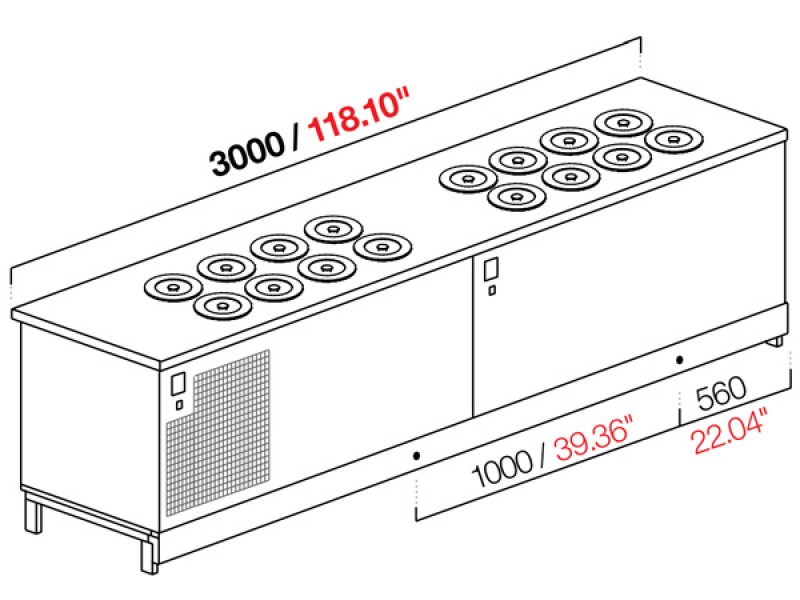 BANCO POZZETTO GELATO A GLICOLE DA 300 CM CON 10+6 CARAPINE CON RISERVA (SENZA PANNELLATURA) UC